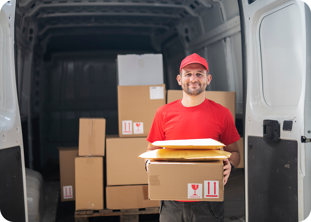 Courier holding boxes in delivery truck