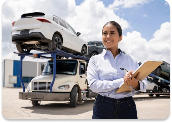 Woman with clipboard near car transport truck